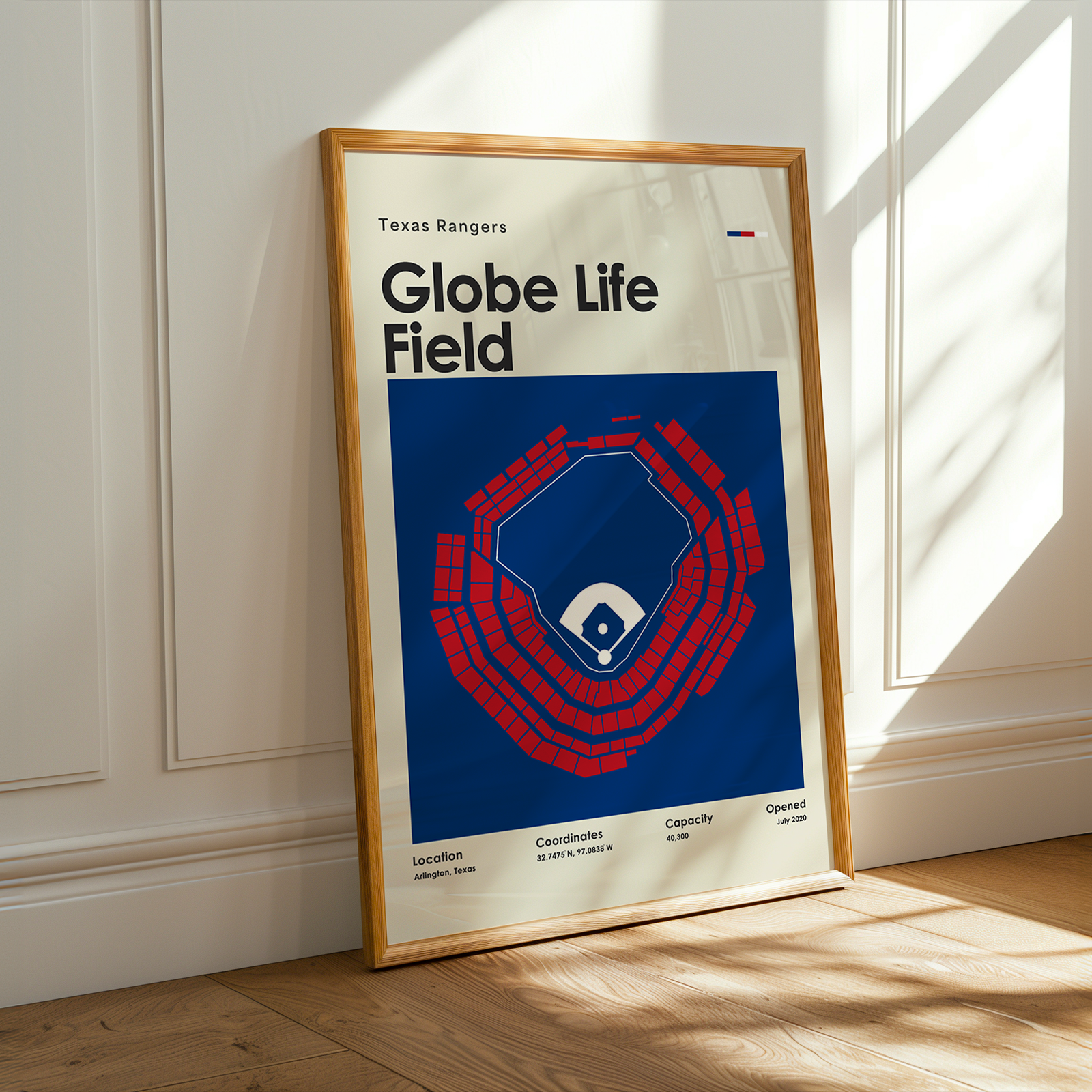 Framed poster of Globe Life Field with Texas Rangers logo on a wooden floor.