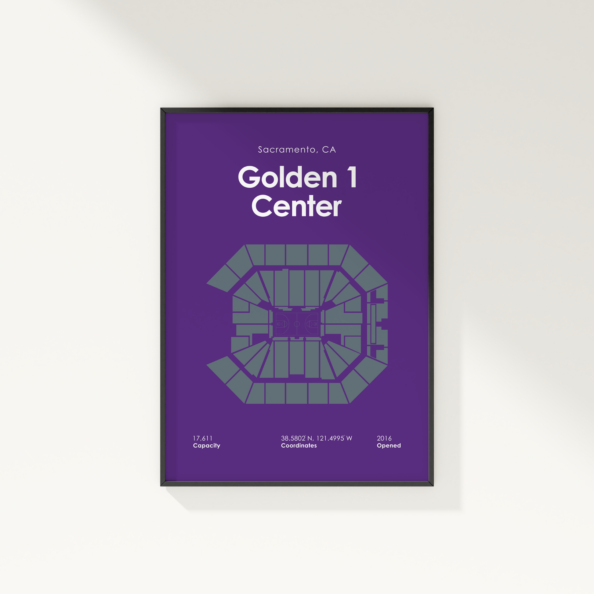 Framed seating chart of Golden 1 Center in Sacramento, CA on a purple background