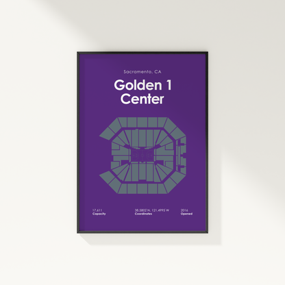 Framed seating chart of Golden 1 Center in Sacramento, CA on a purple background