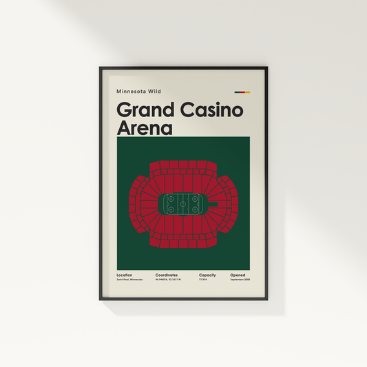 Framed poster of Grand Casino Arena with red arena diagram on a green background