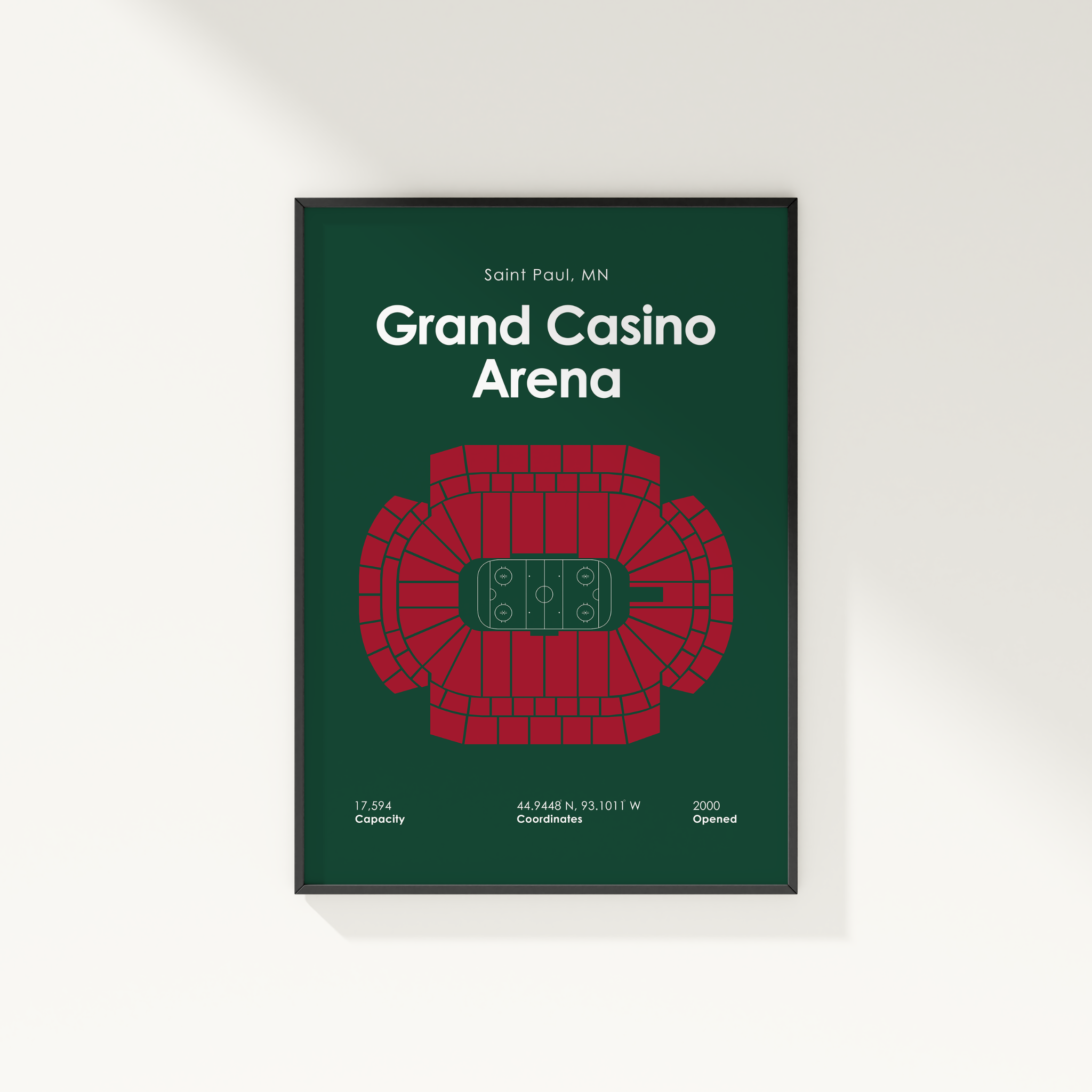 Poster of Grand Casino Arena with red seating layout on a green background