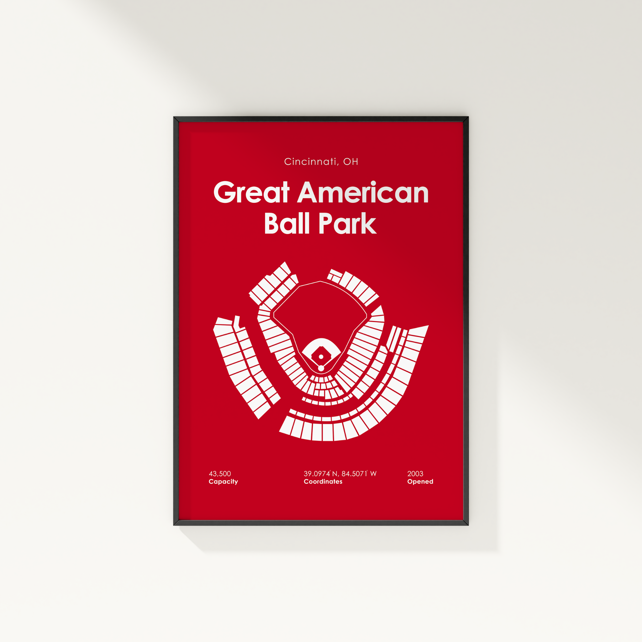 Framed poster of Great American Ball Park with red background and white text