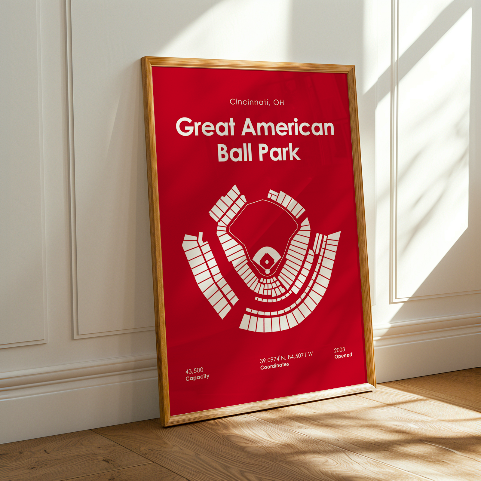 Framed poster of Great American Ball Park with red background and white text.