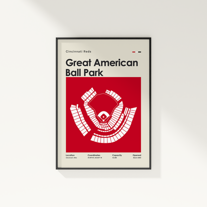 Framed poster of Great American Ball Park with Cincinnati Reds logo on a white wall.