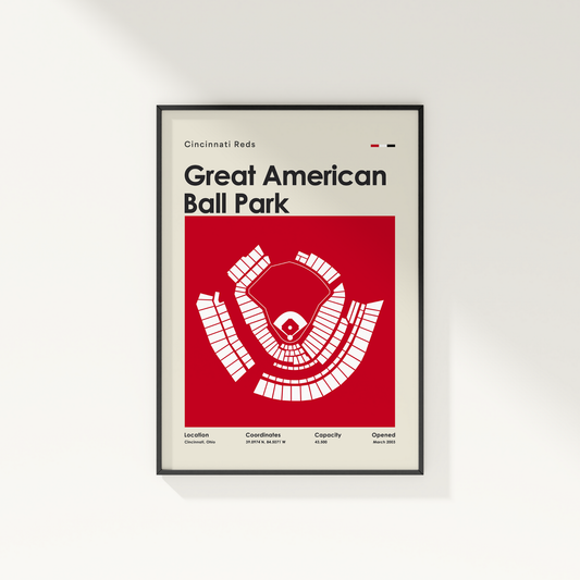Framed poster of Great American Ball Park with Cincinnati Reds logo on a white wall.