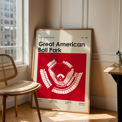 Framed poster of Great American Ball Park in a room with a chair and table.
