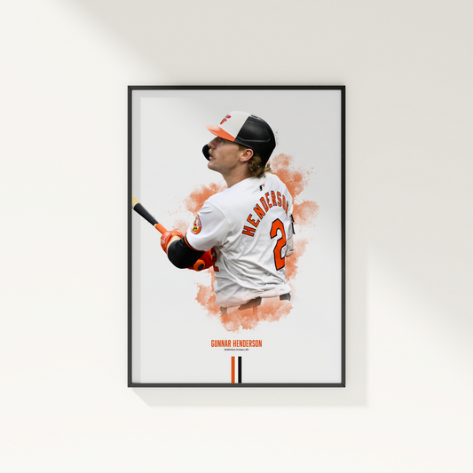 framed poster mockup hanging on a white wall. poster of baseball player gunnar henderson playing for the baltimore orioles.