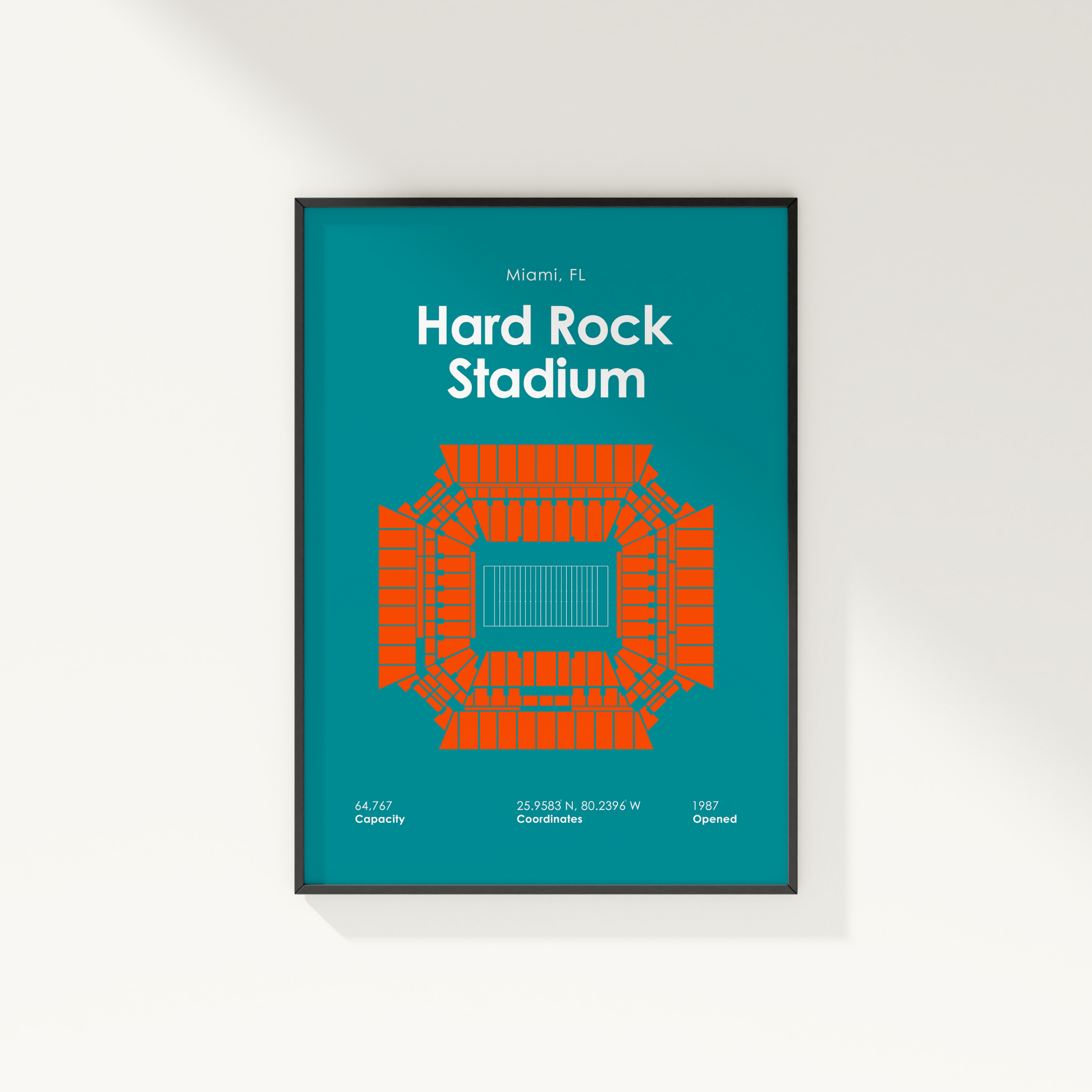 Framed poster of Hard Rock Stadium with orange seating diagram on a teal background