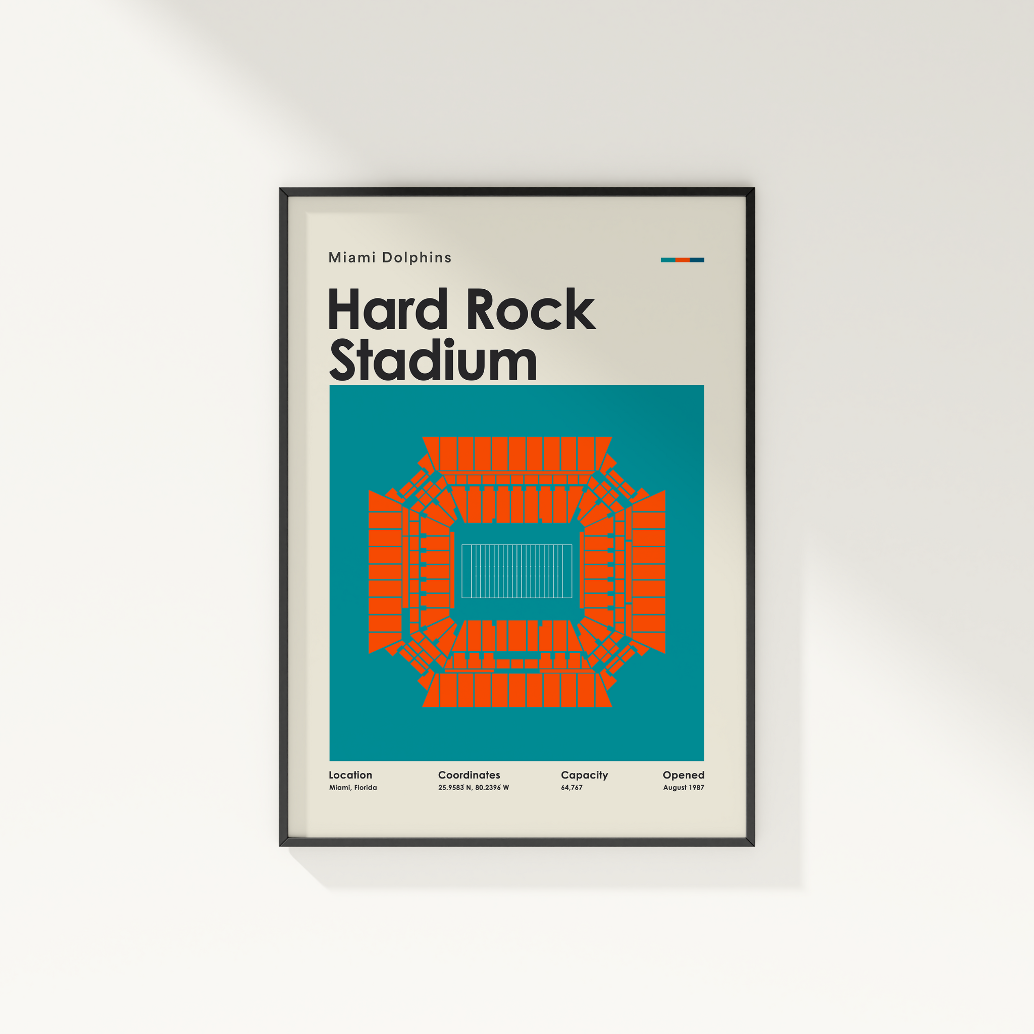 Framed poster of Hard Rock Stadium with Miami Dolphins text on a white wall.