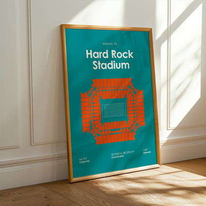 Framed poster of Hard Rock Stadium with a wooden frame on a white wall.