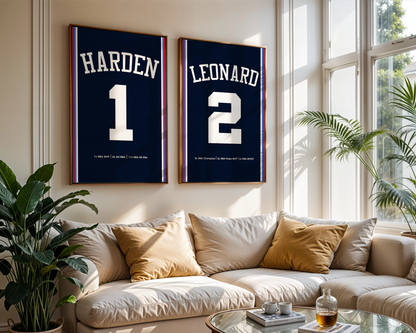 Two framed sports jerseys hanging on a wall above a sofa in a living room.