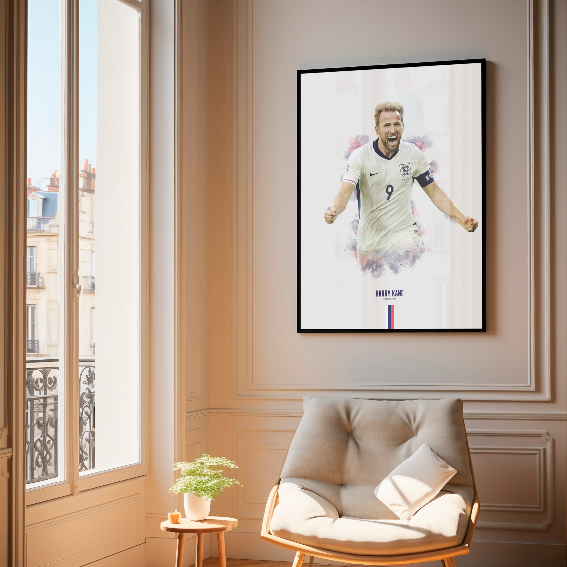 framed poster mockup of soccer player harry kane hanging in a living room