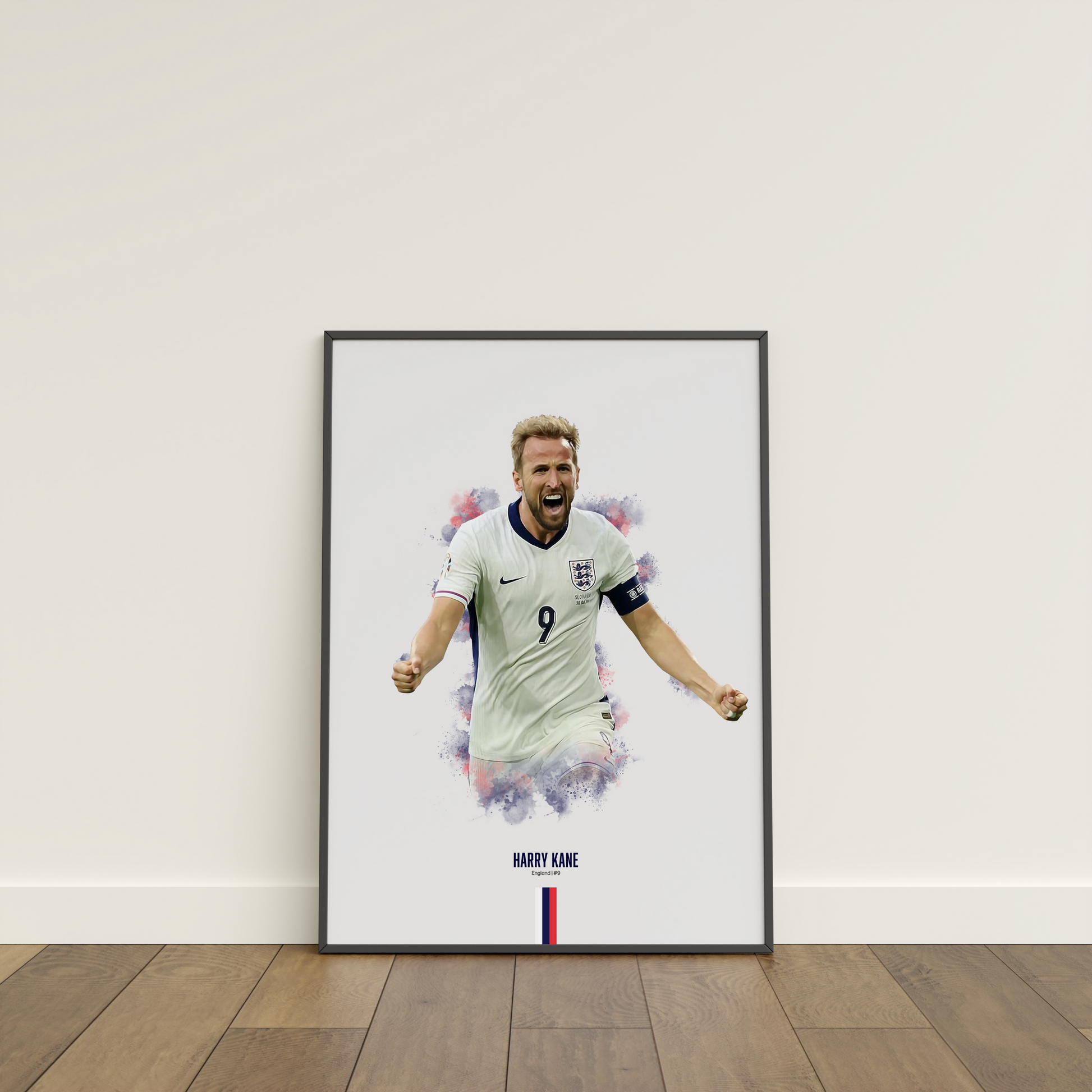 framed poster mockup of soccer player harry kane leaning on a white wall