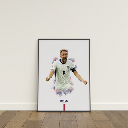 framed poster mockup of soccer player harry kane leaning on a white wall