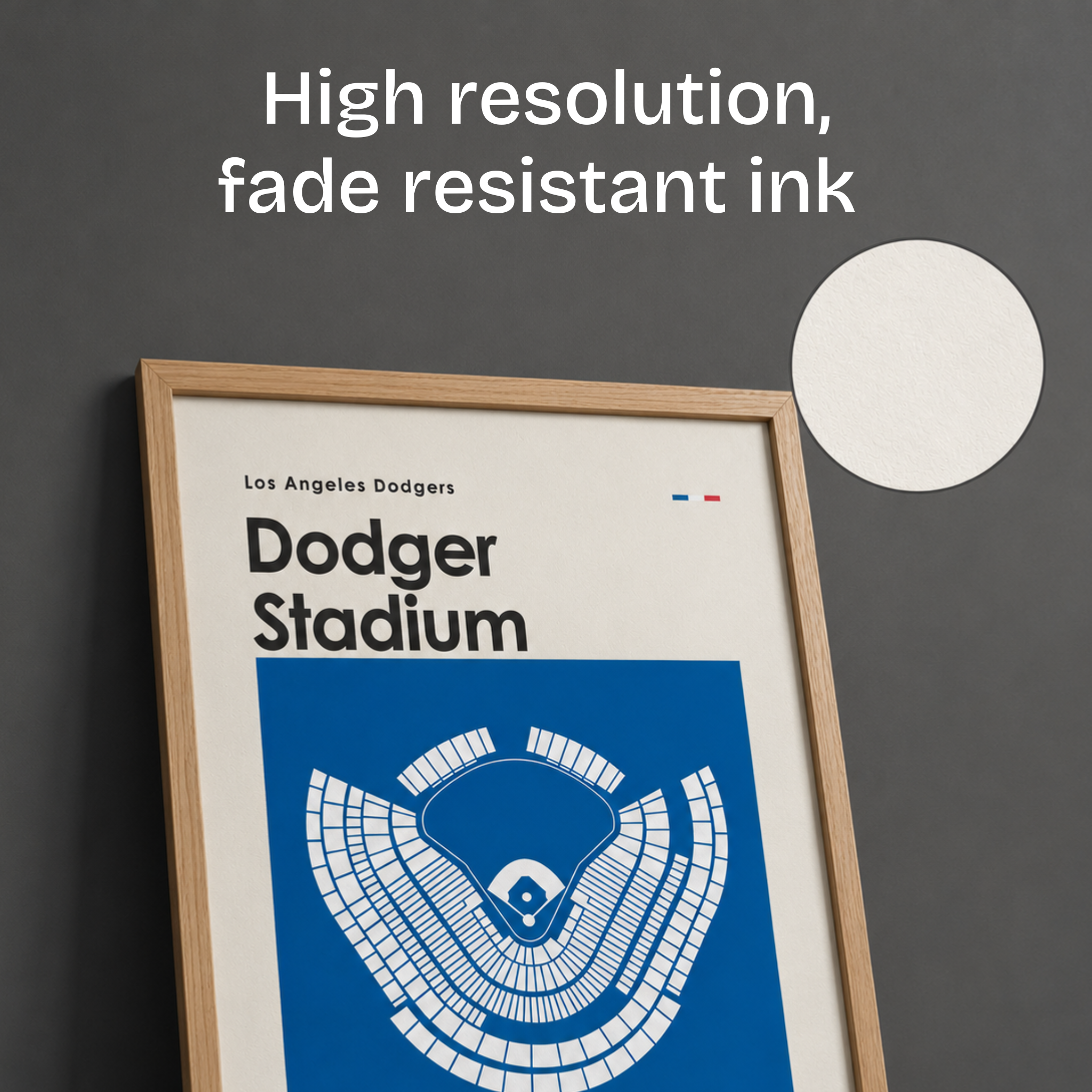 Framed poster of Dodger Stadium with text about high resolution and fade-resistant ink on a dark gray background.