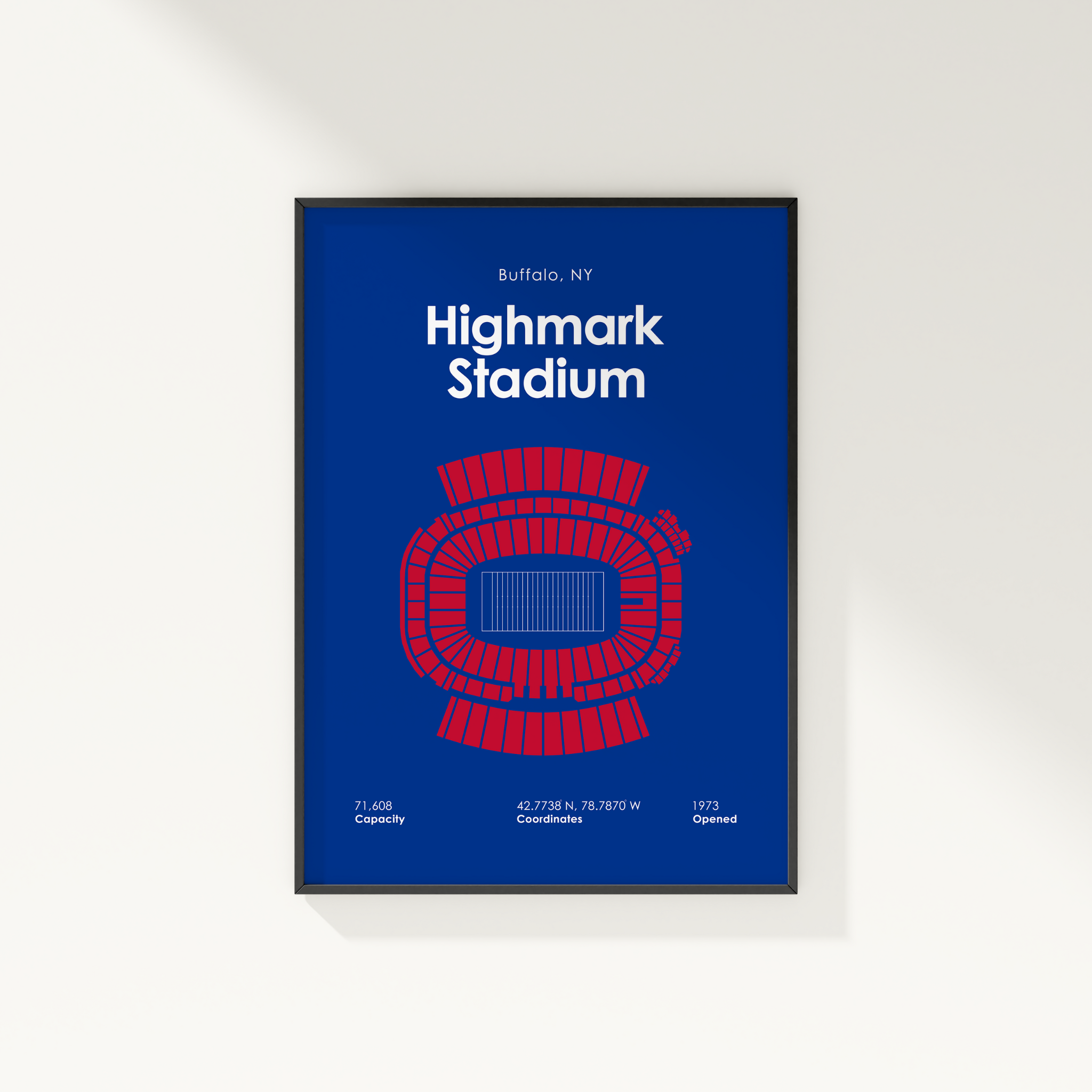 Framed poster of Highmark Stadium with blue background and red seating chart.