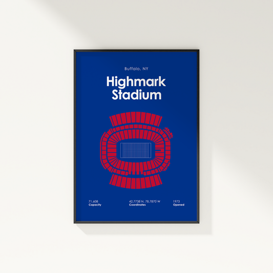 Framed poster of Highmark Stadium with blue background and red seating chart.