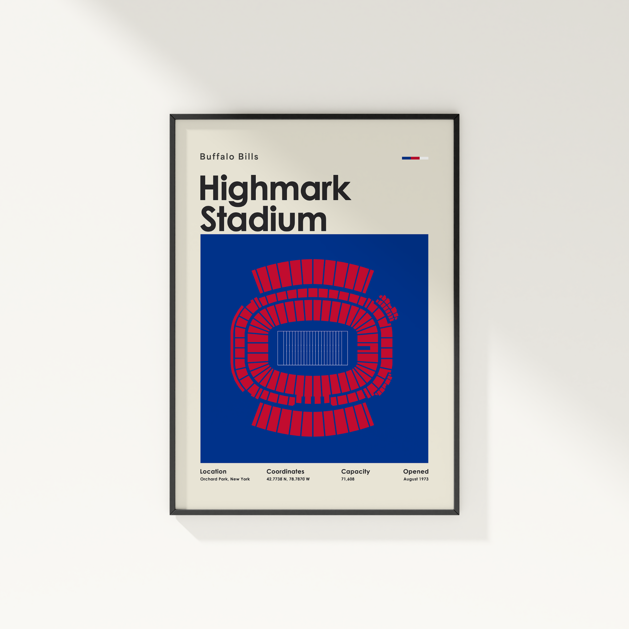 Framed poster of Highmark Stadium with seating layout design on a white wall.