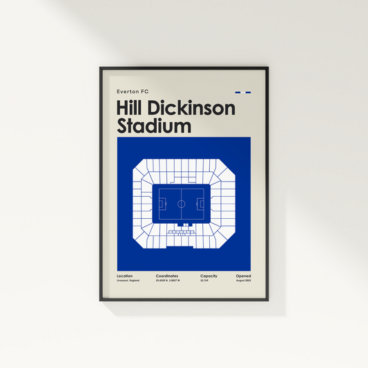 Framed poster of Hill Dickinson Stadium with blue and white design on a light gray background