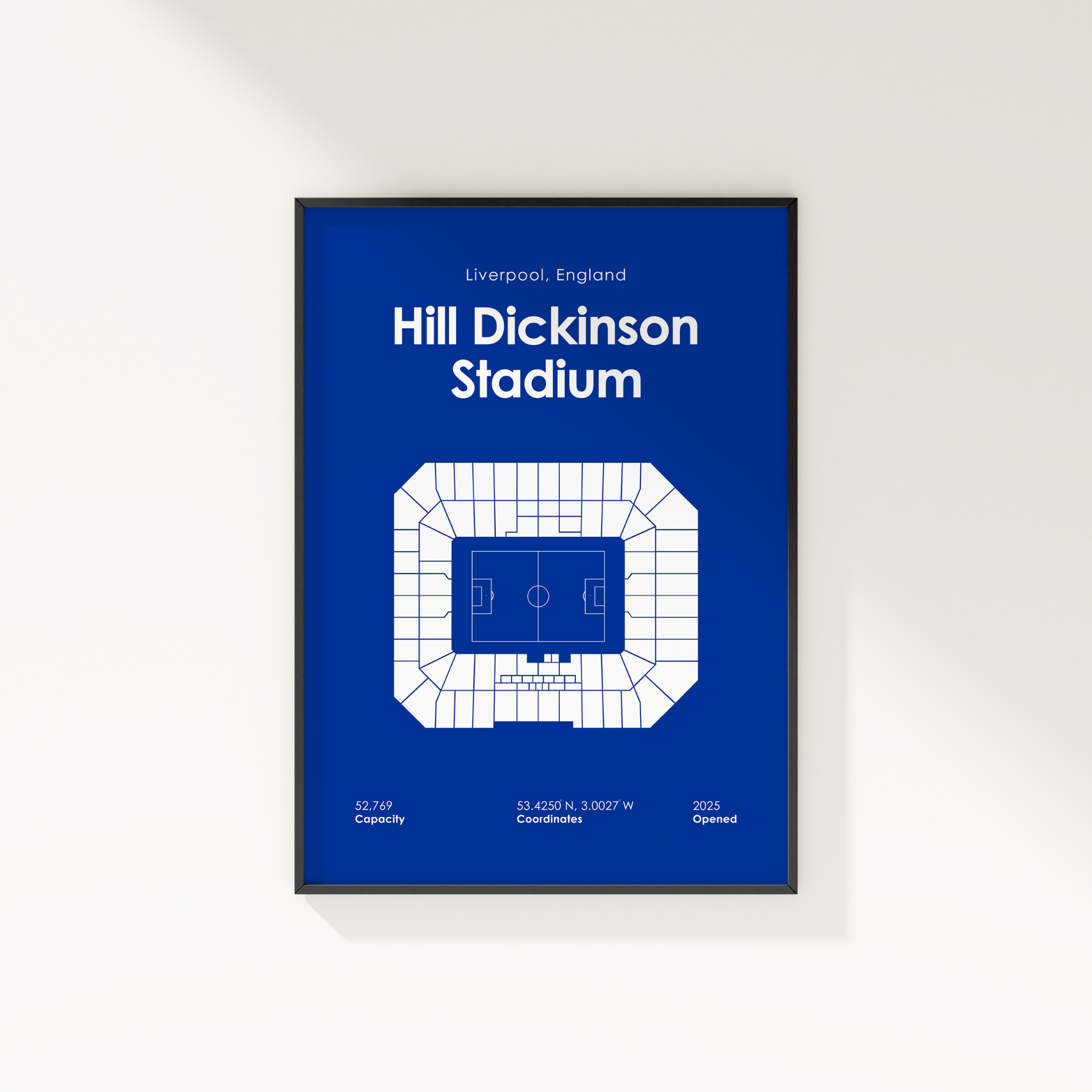 Framed poster of Hill Dickinson Stadium with blue background and white text.