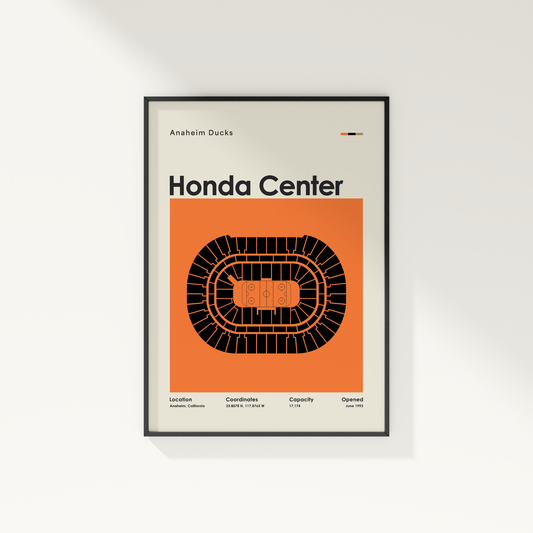 Framed poster of the Anaheim Ducks Honda Center with an orange and black design.