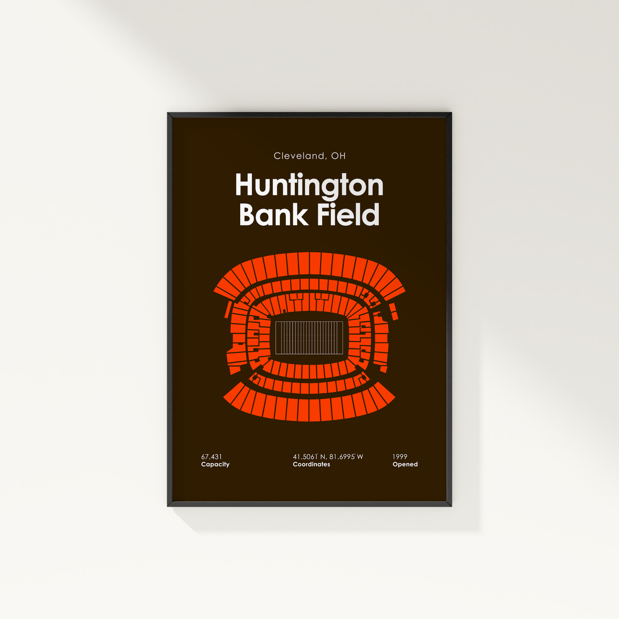 Framed poster of Huntington Bank Field with red stadium graphic on a dark background