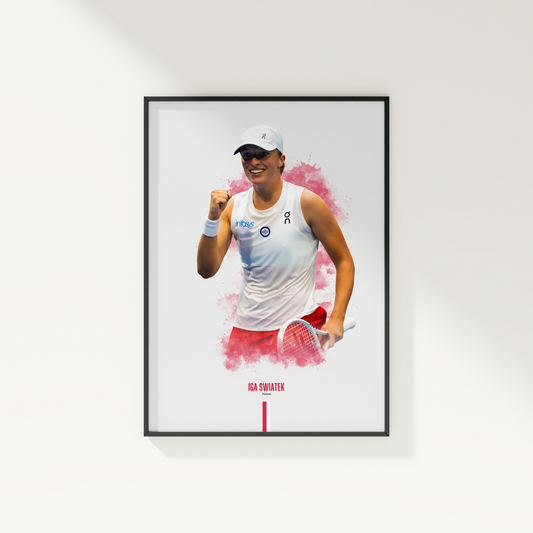Framed poster of tennis player Iga Swiatek holding a racket on a white wall.