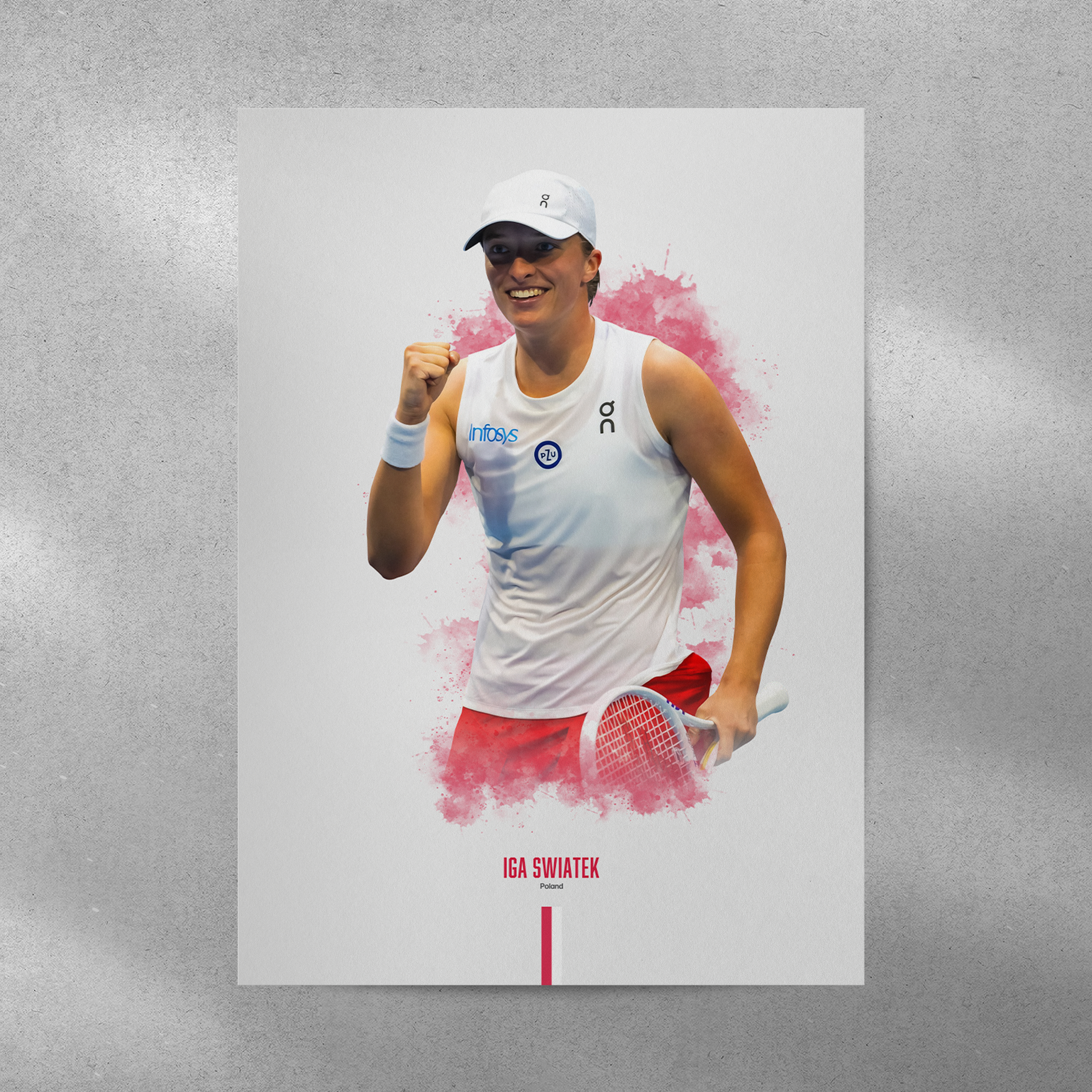 Poster of tennis player Iga Swiatek holding a racket on a gray background.