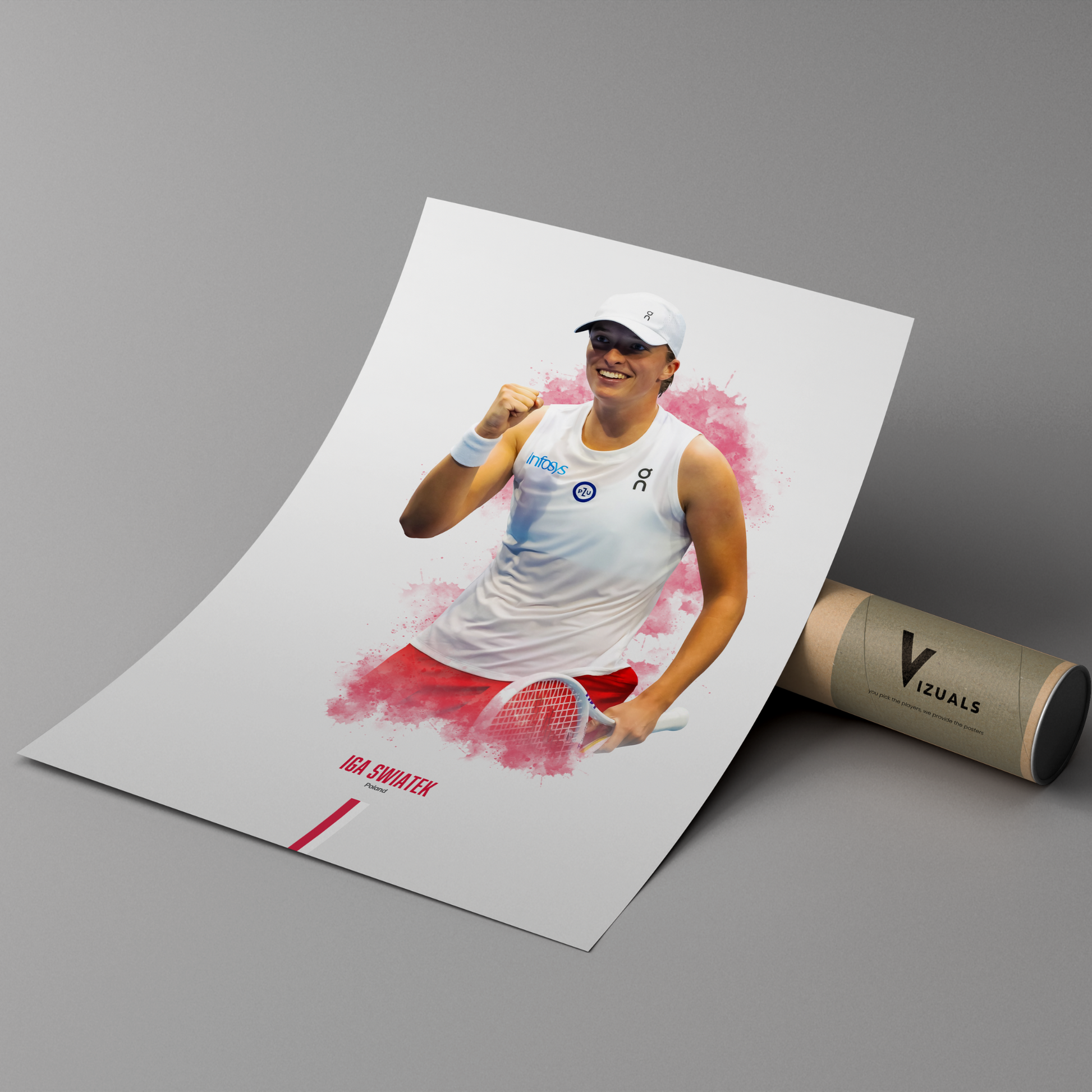 Poster of tennis player Iga Swiatek holding a racket on a cardboard tube with 'Vizuals' branding.