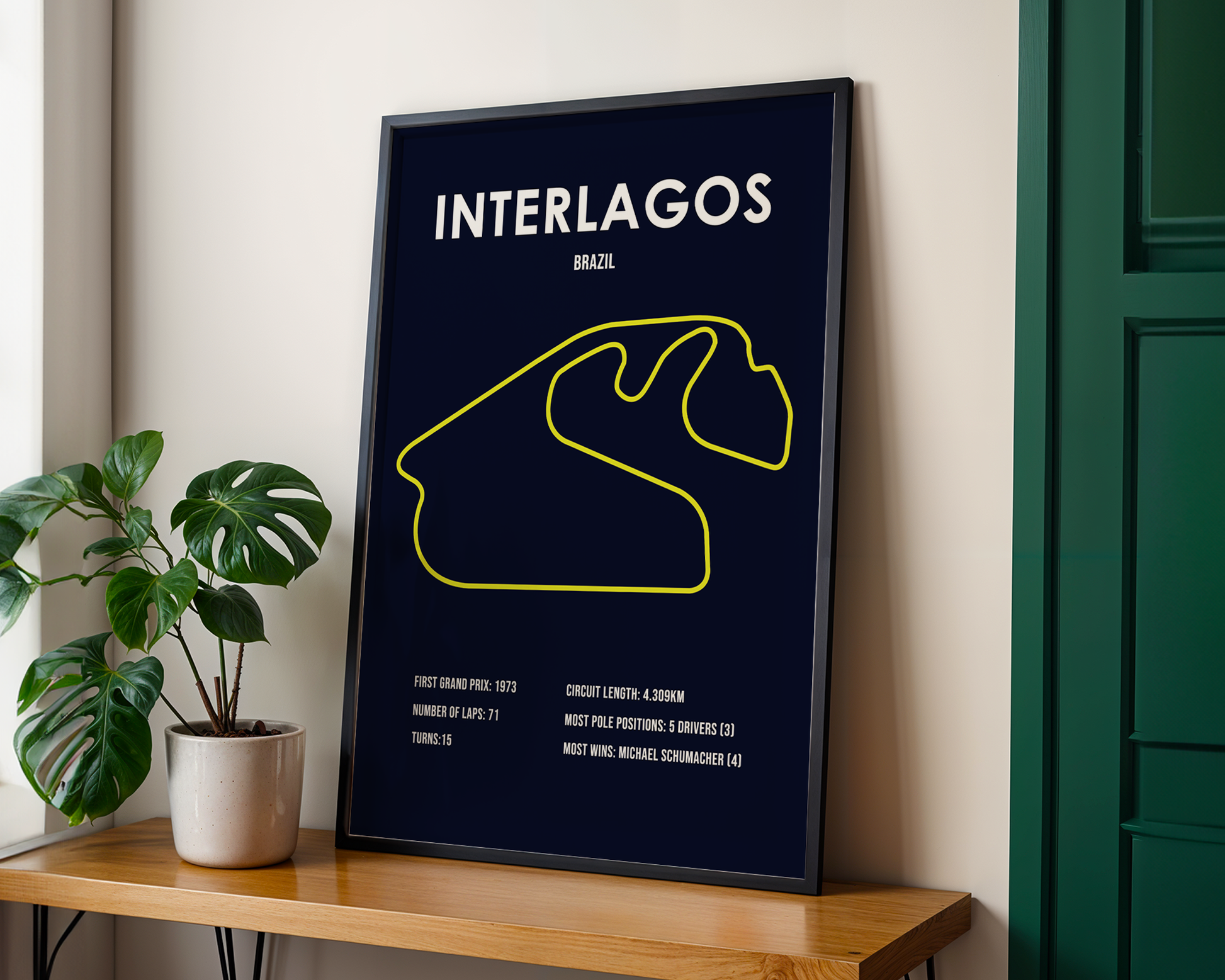 Framed poster of Interlagos race track layout on a wall next to a plant.