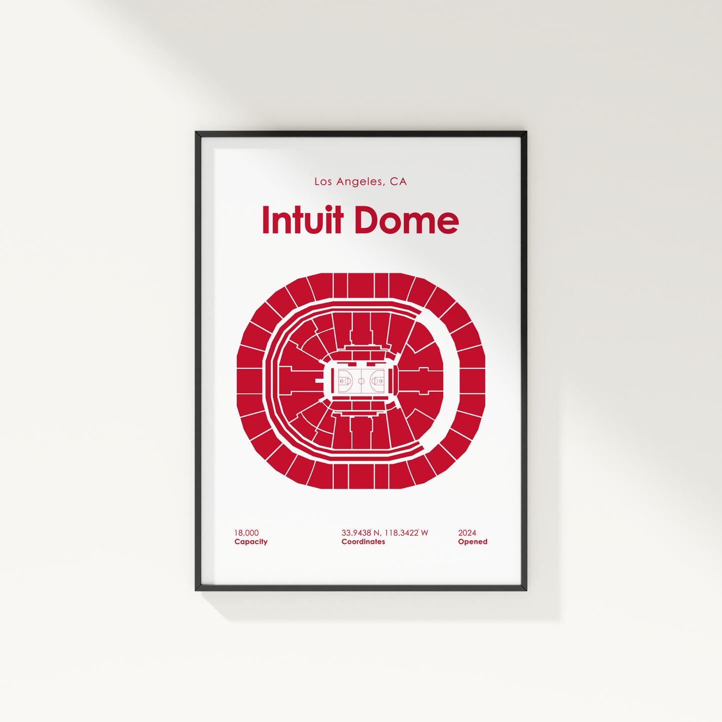 Framed poster of Intuit Dome with red seating chart and white text on a light gray background