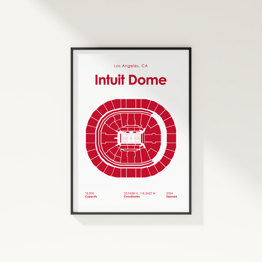 Framed poster of Intuit Dome with red seating chart and white text on a light gray background