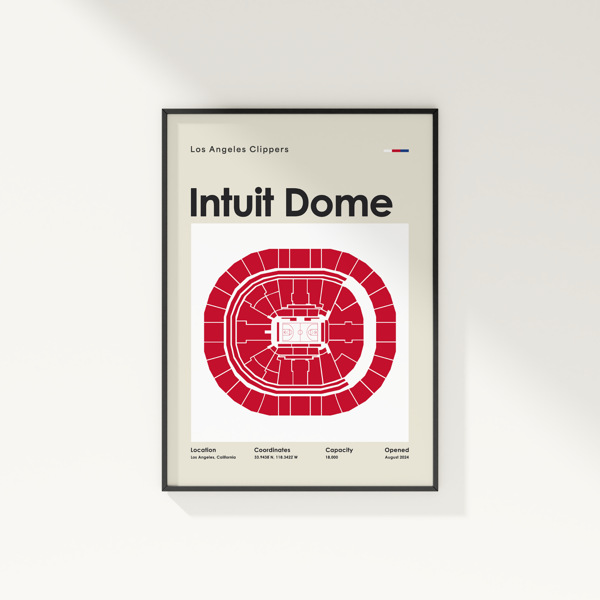 Framed poster of Intuit Dome with Los Angeles Clippers branding on a white wall.