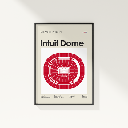 Framed poster of Intuit Dome with Los Angeles Clippers branding on a white wall.