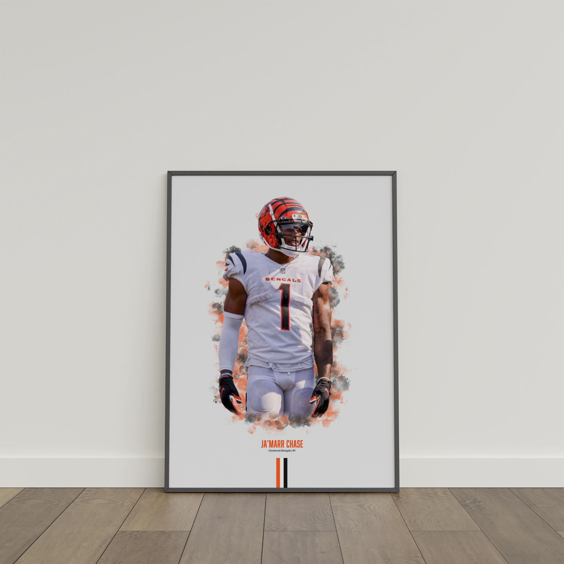 framed poster mockup of football player ja'marr chase leaning on a white wall