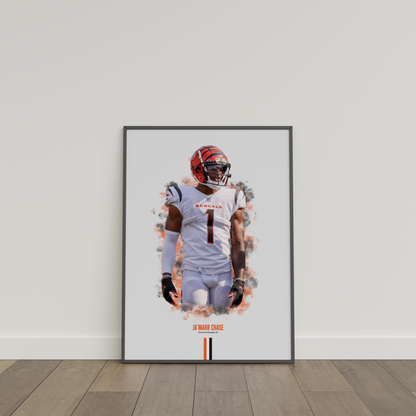 framed poster mockup of football player ja'marr chase leaning on a white wall