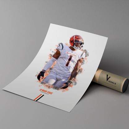 poster mockup of football player ja'marr chase leaning on a cardboard tube