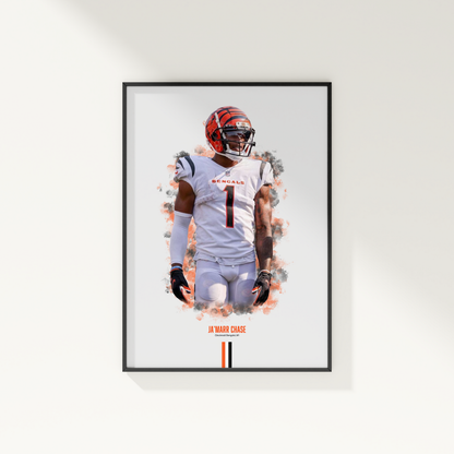 framed poster mockup of football player ja'marr chase hanging on a white wall