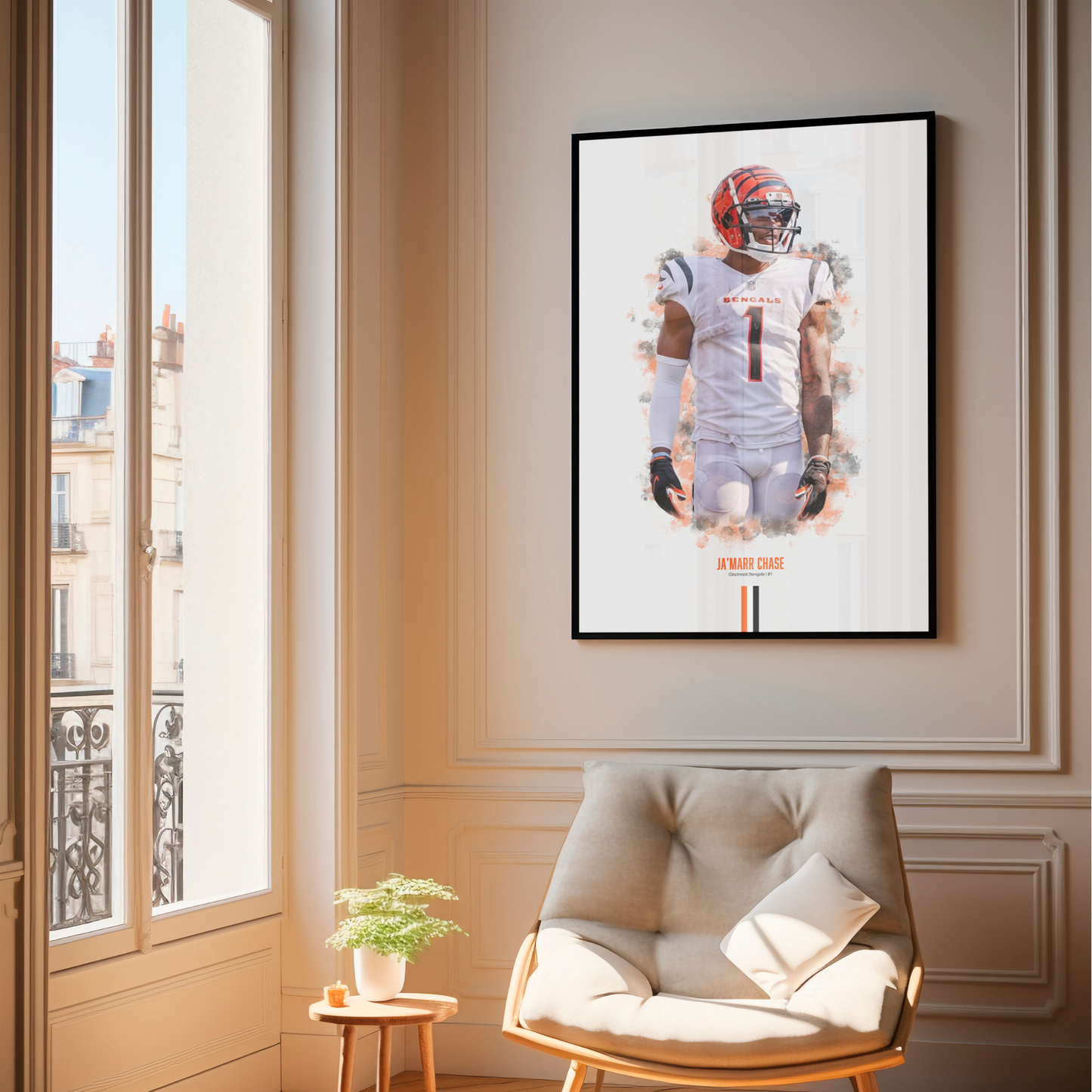 framed poster mockup of football player ja'marr chase hanging in a living room