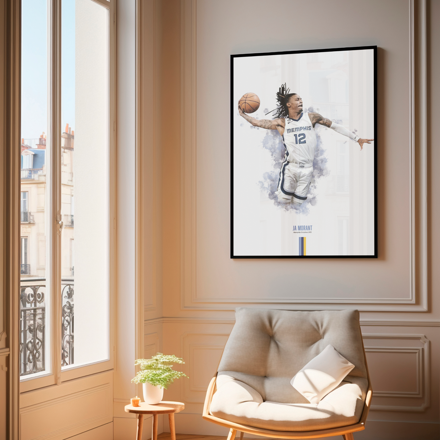 framed poster mockup of basketball player ja morant hanging in a living room