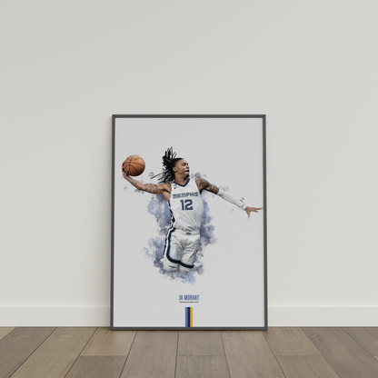 framed poster mockup of basketball player ja morant leaning on a white wall