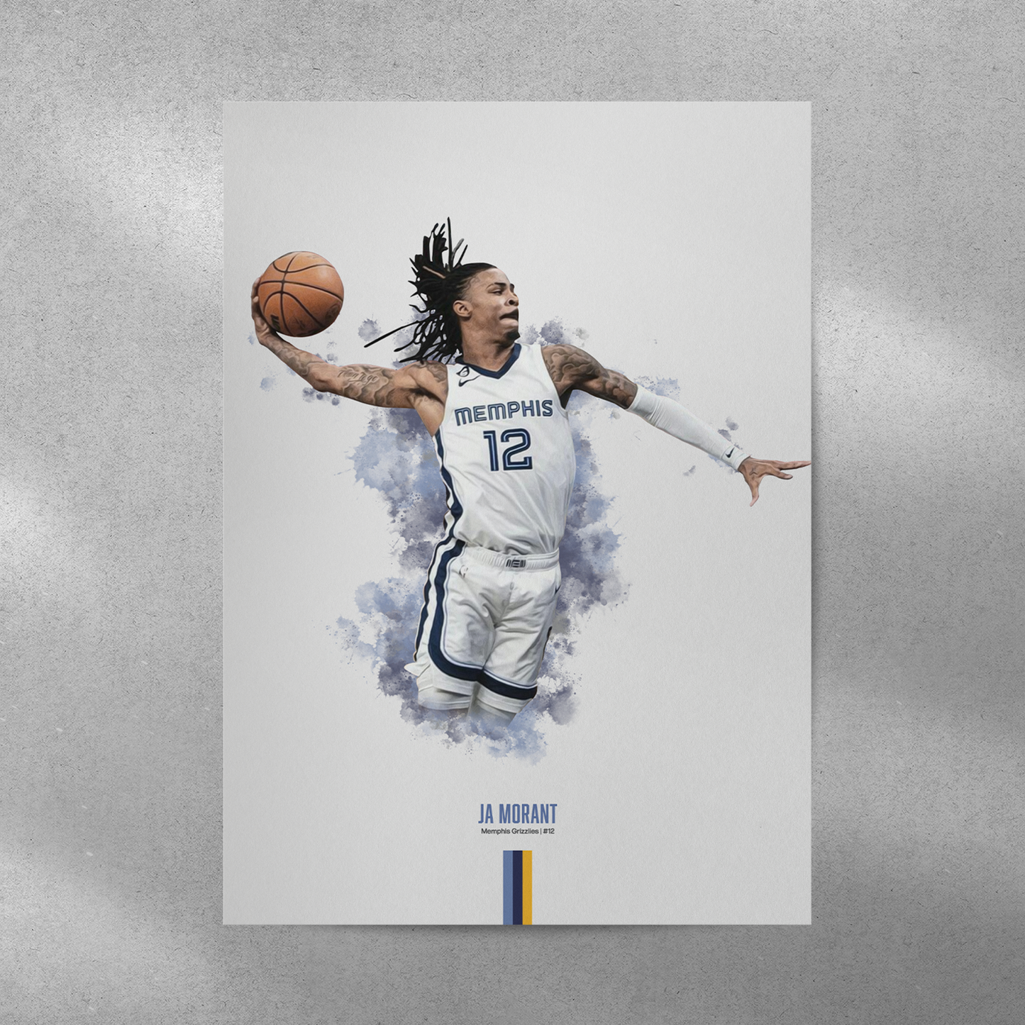 poster mockup of basketball player ja morant on a grey wall