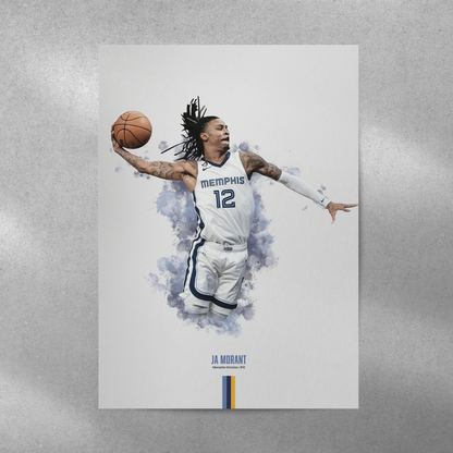 poster mockup of basketball player ja morant on a grey wall