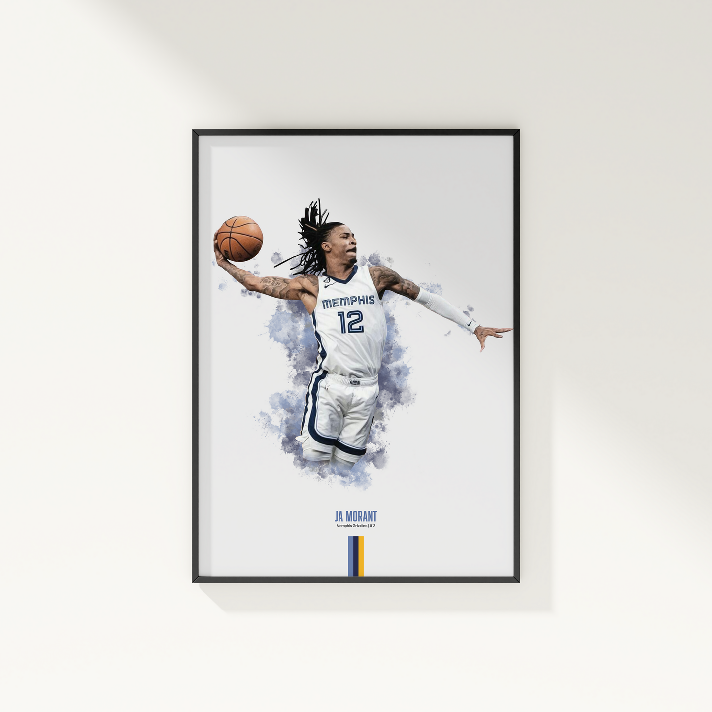 framed poster mockup of basketball player ja morant hanging on a white wall