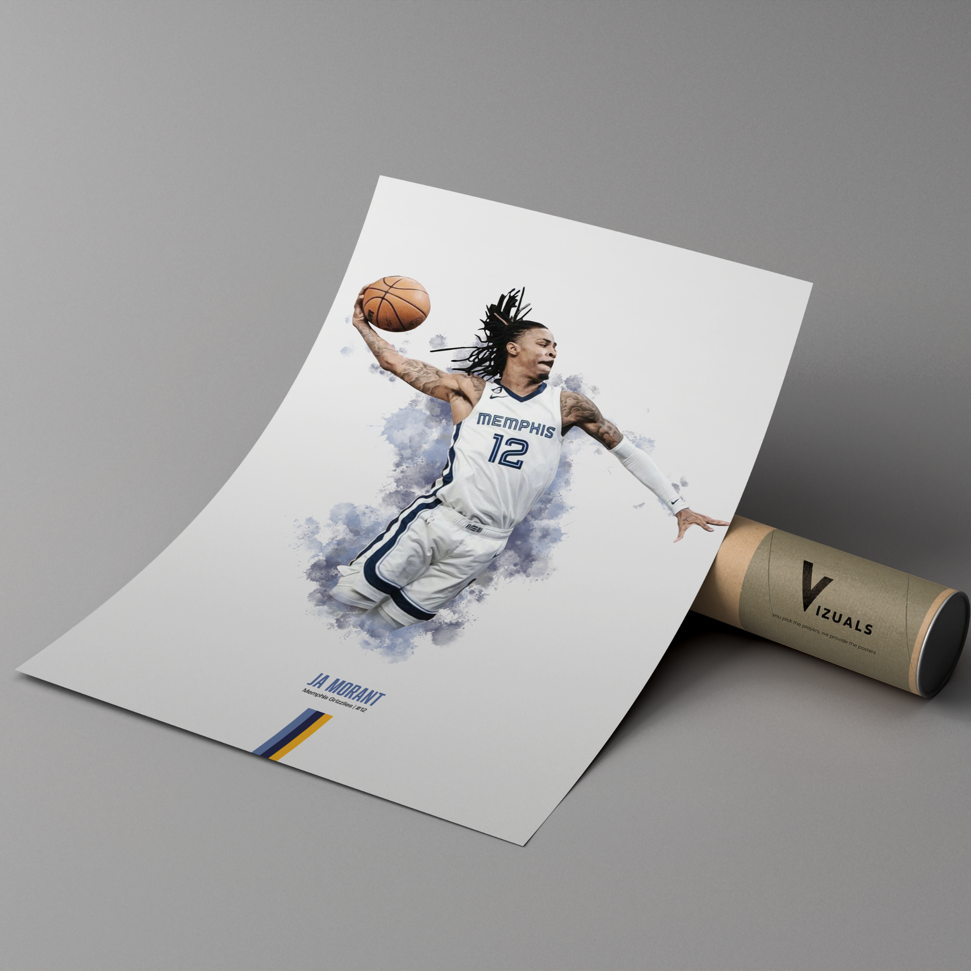 poster mockup of basketball player ja morant leaning on a cardboard tube