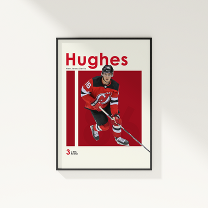 framed poster mockup of hockey player jack hughes hanging on a white wall