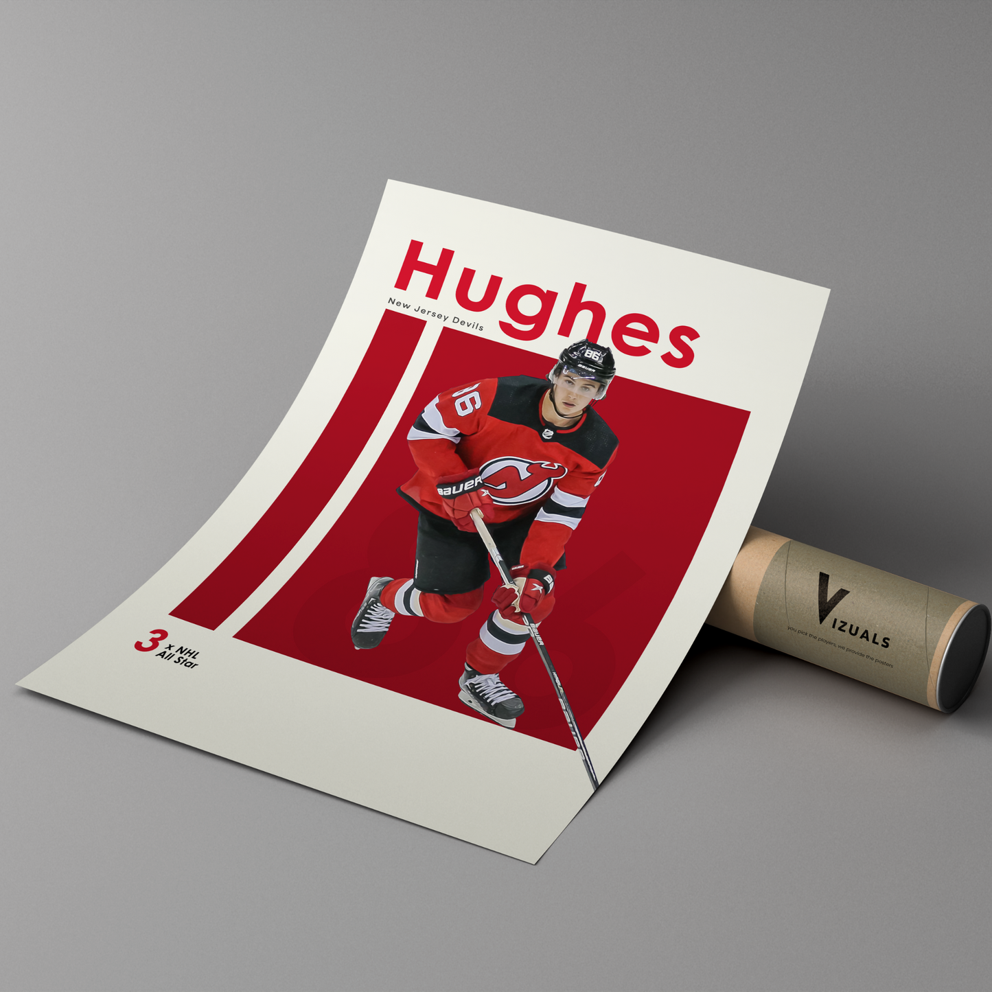 poster mockup of hockey player jack hughes leaning on a branded cardboard tube