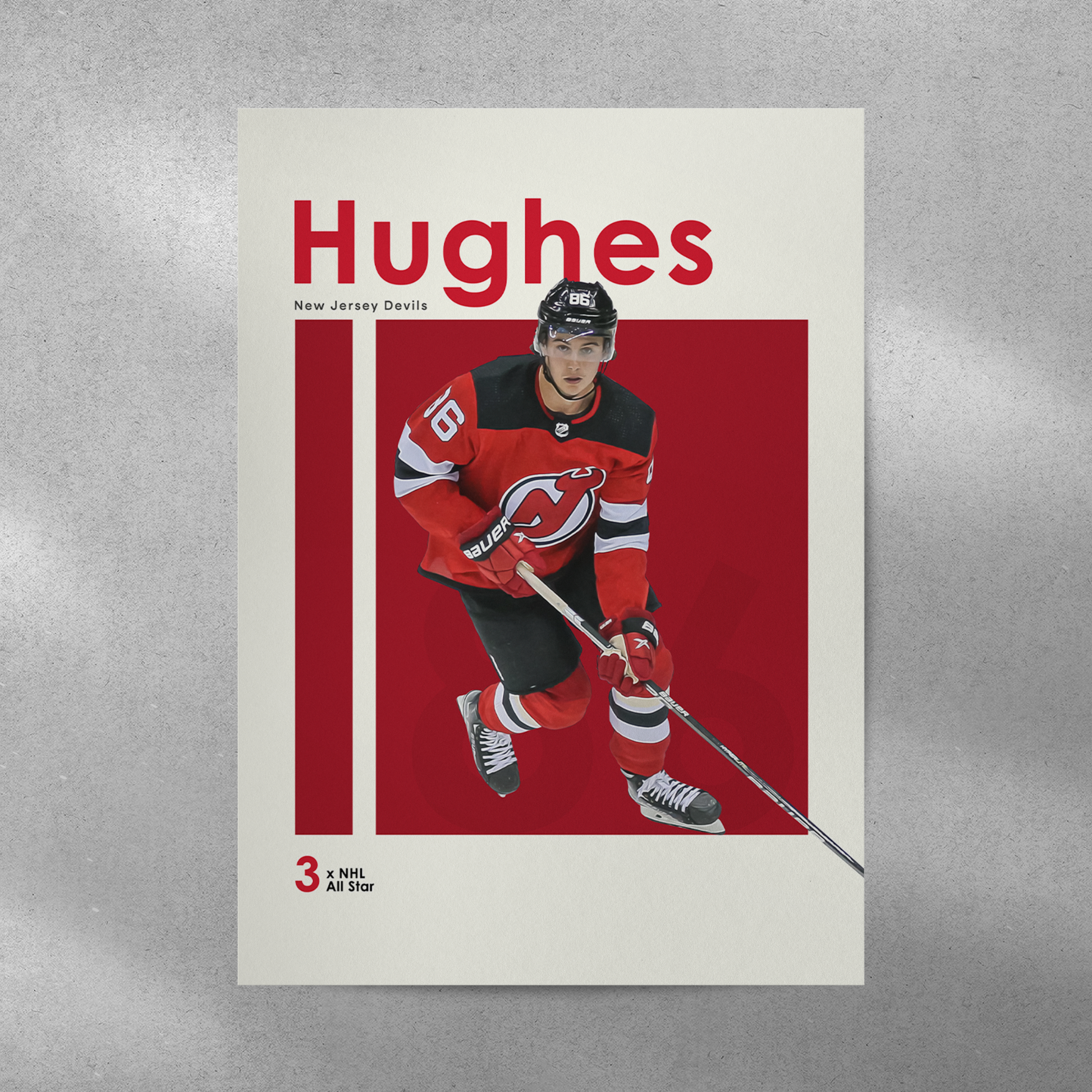 poster mockup of hockey player jack hughes on a grey wall