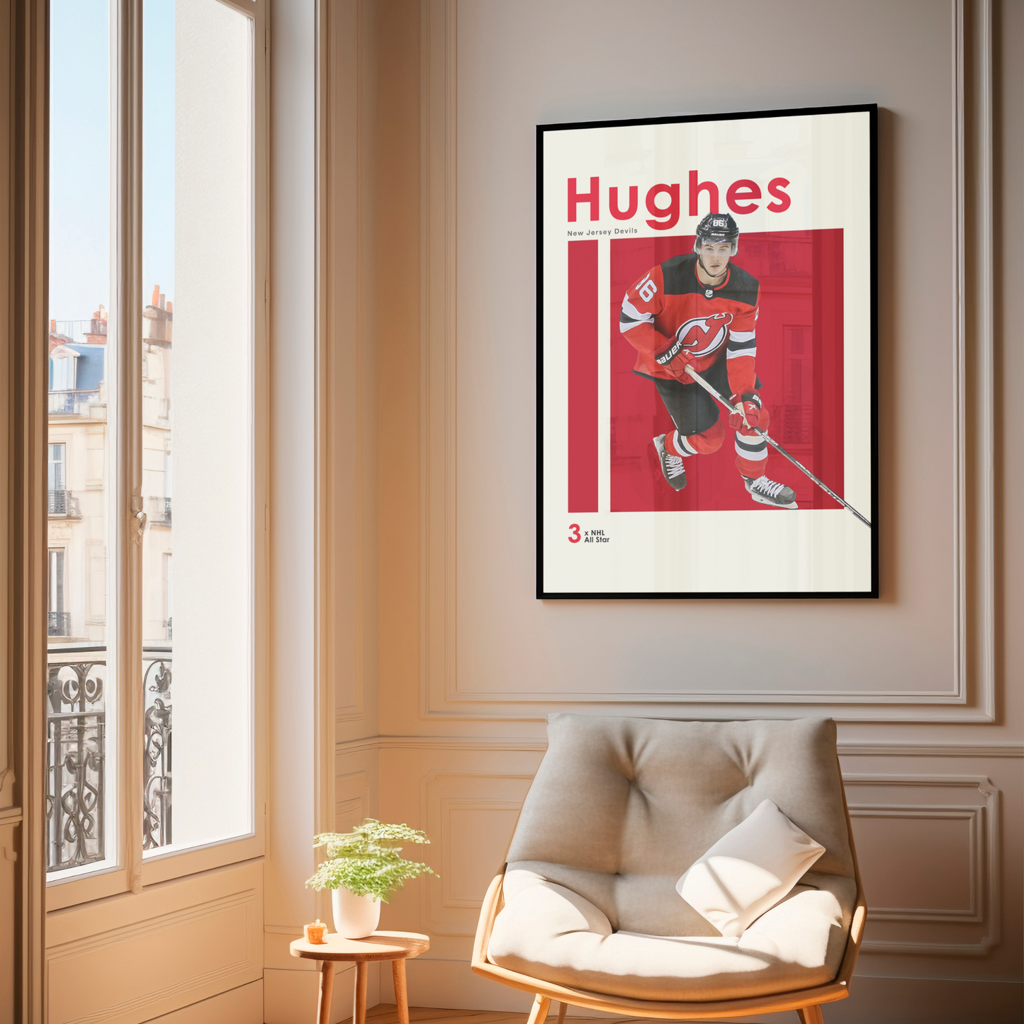 framed poster mockup of hockey player jack hughes hanging in a living room