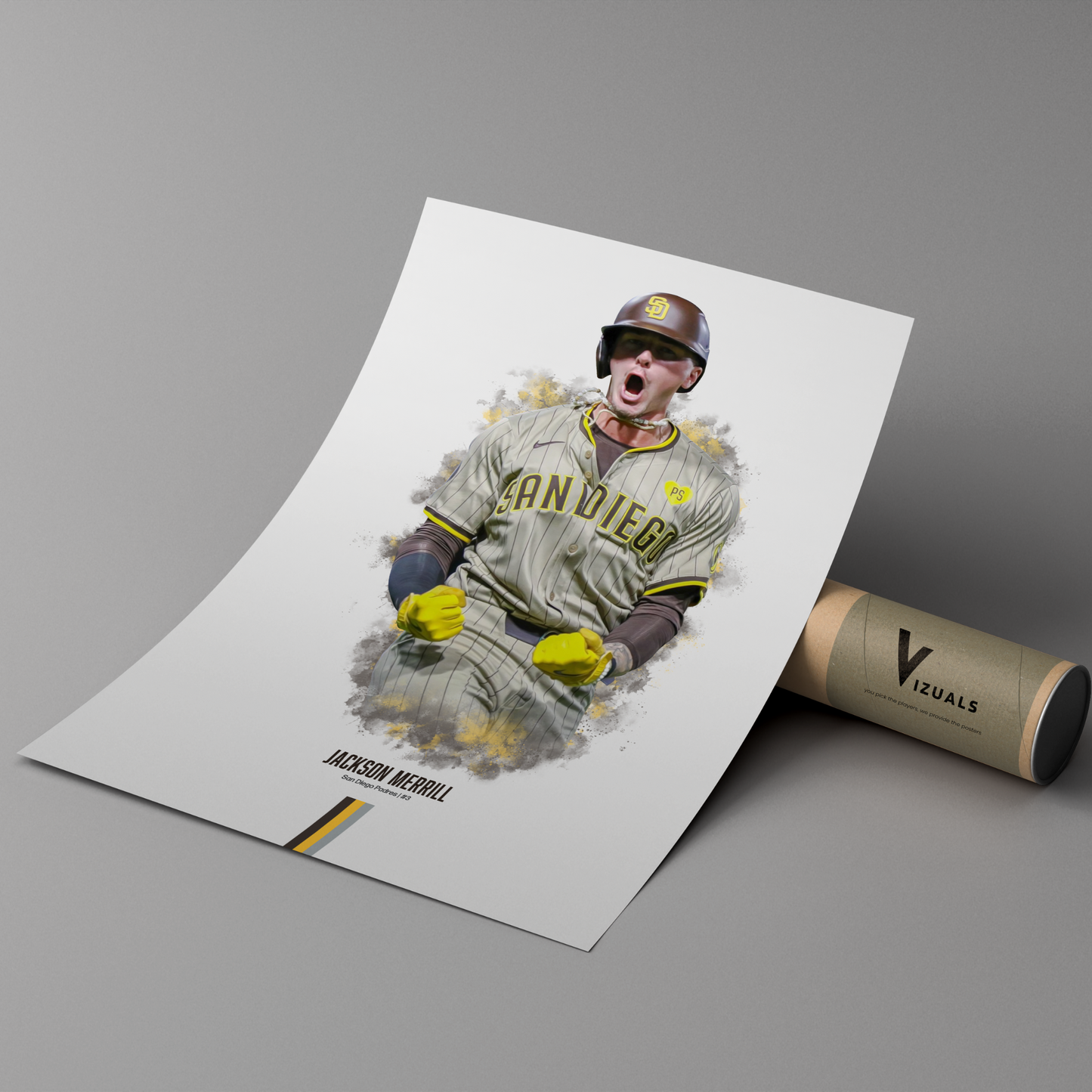 poster mockup of baseball player jackson merrill leaning on a cardboard tube